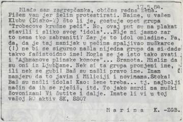 Protestno pismo (iz 80-ih) jedne Zagrepčanke protiv imena benda